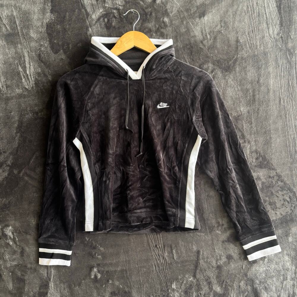 Nike Hoodie Women’s Extra Small Black Velour Pullover Stretch Long Sleeve Logo